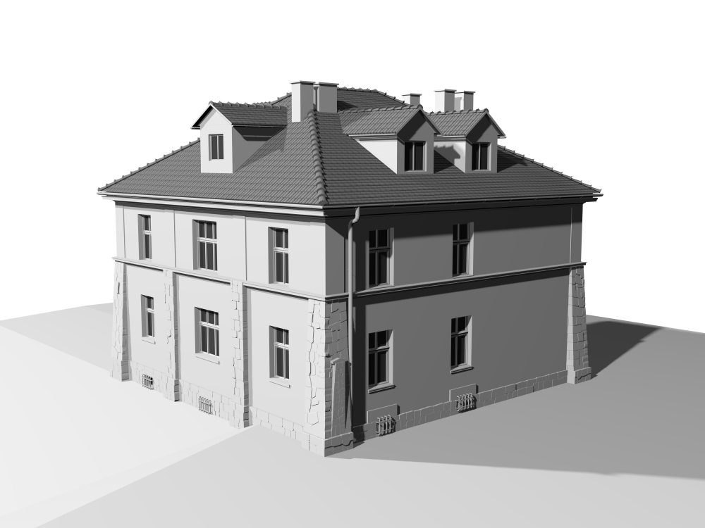 Wizualizacja Szarego Domu. Widok na piętrowy budynek z czterospadowym dachem krytym dachówką. W narożach ozdobne szkarpy z kamienia.